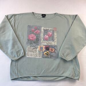 Chic Vintage Women's Green Floral Sweatshirt size M/L Flower Postcard Graphic